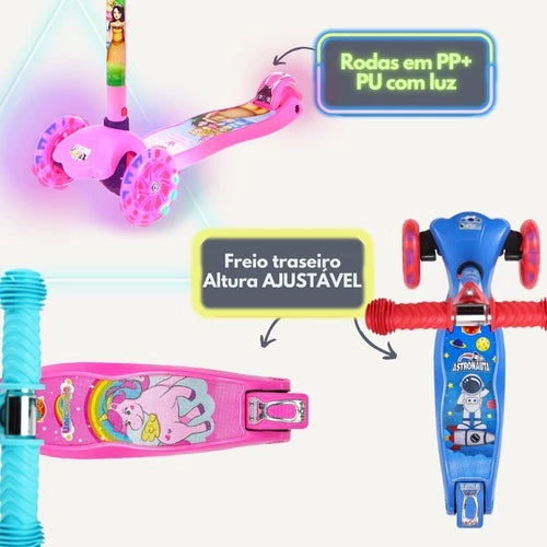 Patinete infantil das princesas 3 Rodas com Luz Led e Freio Ajustável até 40kg Menino/ Menina
